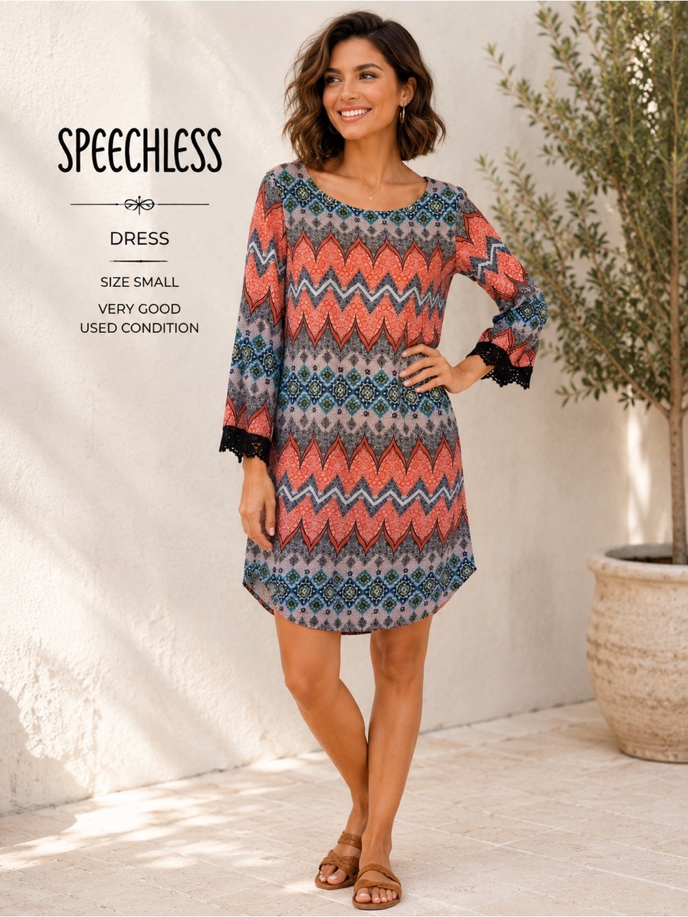 ✨ Speechless Boho Geo Print Peekaboo Back Dress Small Lined Festival Chic